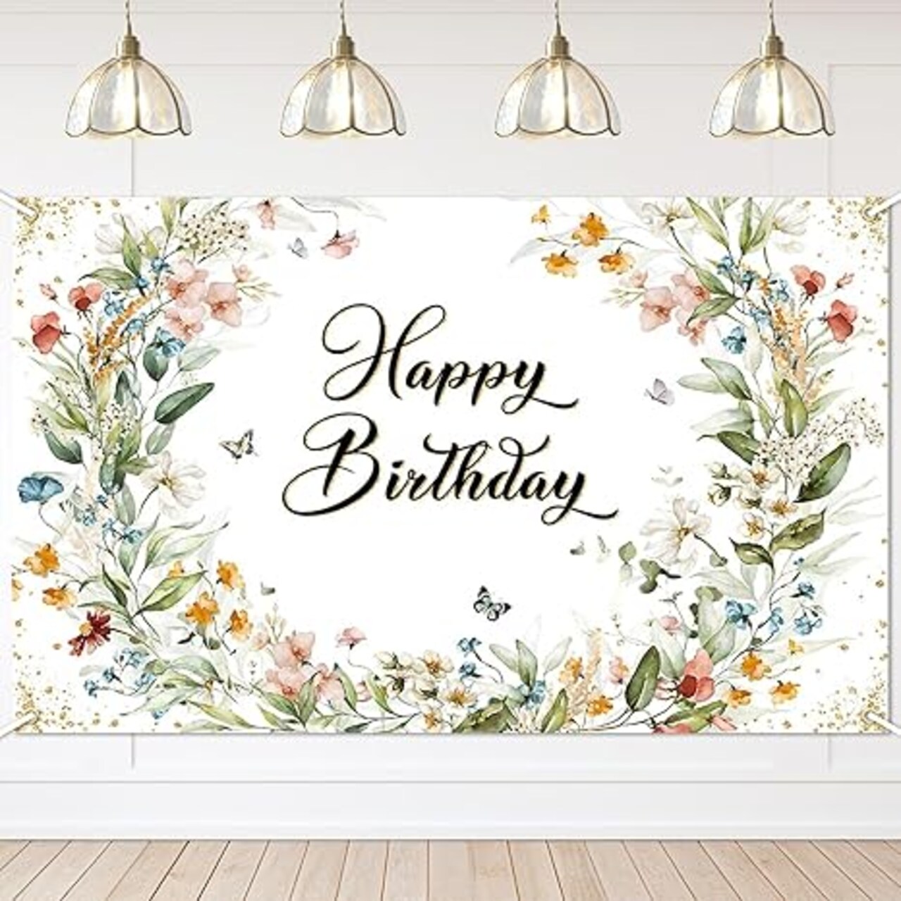 Floral Birthday Backdrop for Girls Spring Butterfly Happy Birthday Photography Background Greenery Wildflower Birthday Banner 70.8 x 43.3 Inch